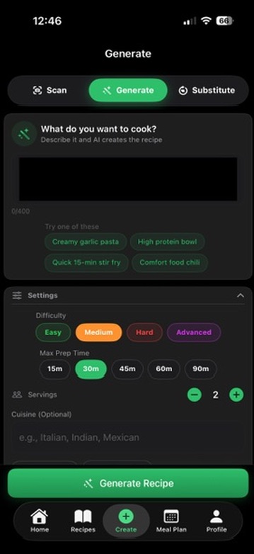 Plentish app — AI Recipe Generator