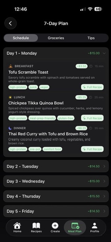 Plentish app — 7-Day Meal Plan