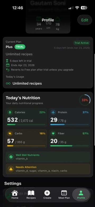 Plentish app — Profile & Nutrition